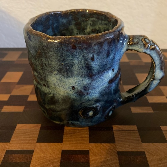Signed Handcrafted Ceramic Textured Drip Glaze Multi Tonal Rustic Blue BrownMug - Picture 2 of 9